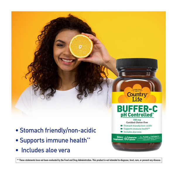 Country Life Buffer-C Ph Controlled 500Mg Stomach Friendly Non-Acidic 60 Vegetarian Capsules Certified Gluten Free Certified Vegetarian