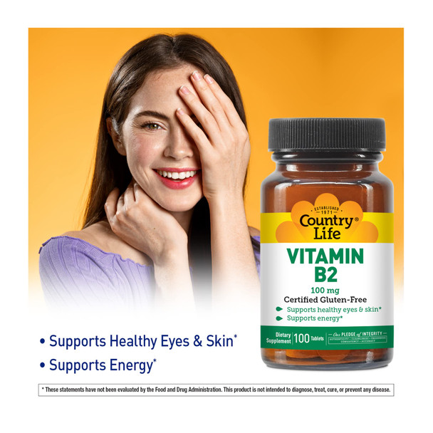 Country Life Vitamin B-2 Supports Health Eyes & Skin And Energy 100Mg 100 Tablets Certified Gluten Free Certified Vegan Certified Halal