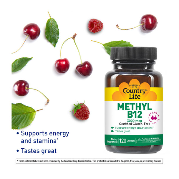 Country Life Methyl B12 Supports Energy & Stamina 3000Mcg 120 Lozenges Certified Gluten Free Certified Vegan Certified Halal