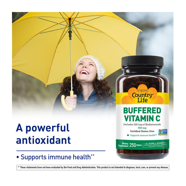 Country Life Vitamin C Buffered With Bioflavonoids 500Mg 100 Tablets Certified Gluten Free Certified Vegan