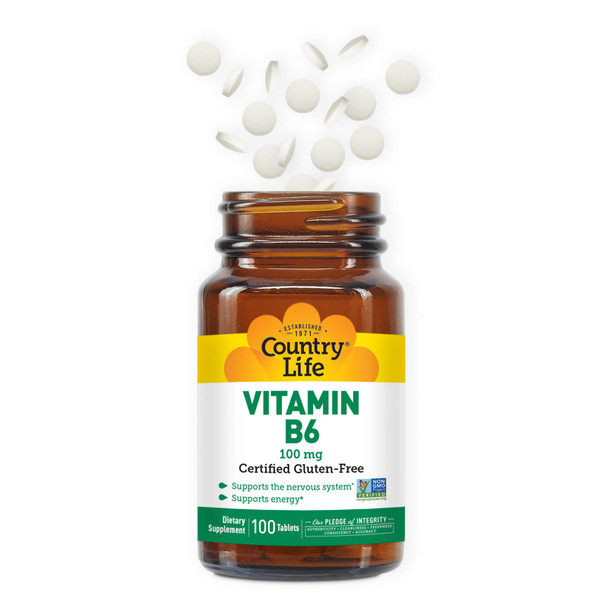 Country Life Vitamin B-6 Supports Energy And The Nervous System 100Mg 100 Vegan Capsules Certified Gluten Free Certified Vegan Certified Halal Non-Gmo Verified