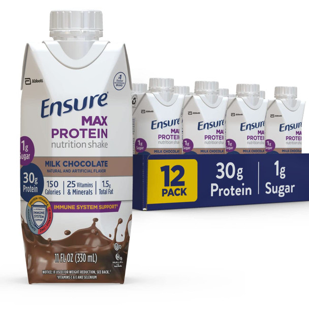 Ensure Plus Nutrition Shake With Fiber & Max Protein Nutrition Shake With 30G Of Protein 1G Of Sugar High Protein Shake Milk Chocolate 11 Fl Oz (Pack Of 12) Liquid Halal