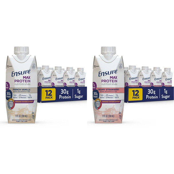 Ensure Max Protein Nutrition Shake With 30G Of Protein & Max Protein Nutrition Shake With 30G Of Protein 1G Of Sugar High Protein Shake Creamy Strawberry 11 Fl Oz (Pack Of 12)
