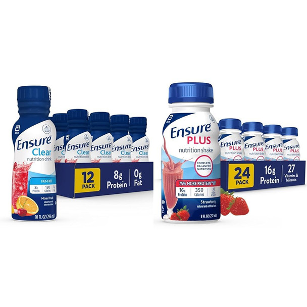 Ensure Clear Nutrition Liquid Drink 0G Fat 8G Of Protein & Plus Nutrition Shake With 16 Grams Of Protein Meal Replacement Shakes Strawberry 8 Fl Oz (Pack Of 24)
