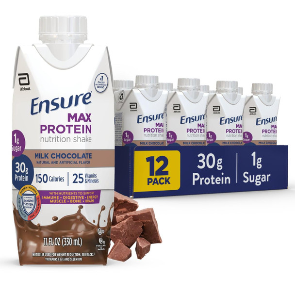 Ensure Max Protein Milk Chocolate Nutrition Shake 30G Protein 1G Sugar 4G Comfort Fiber Blend 12 Pack