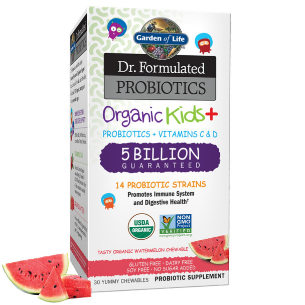 Garden of Life Dr. Formulated Probiotics Organic Kids+ Plus Vitamin C & D - Watermelon - 5 Billion Cfu Gluten Dairy & Soy Free Immune & Digestive Health Supplement No Added Sugar - 30 Chewables
