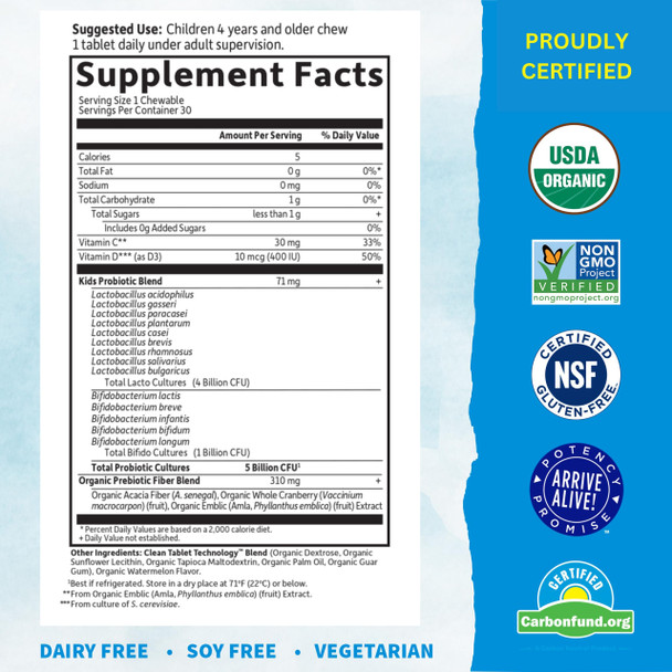 Garden of Life Dr. Formulated Probiotics Organic Kids+ Plus Vitamin C & D - Watermelon - 5 Billion Cfu Gluten Dairy & Soy Free Immune & Digestive Health Supplement No Added Sugar - 30 Chewables
