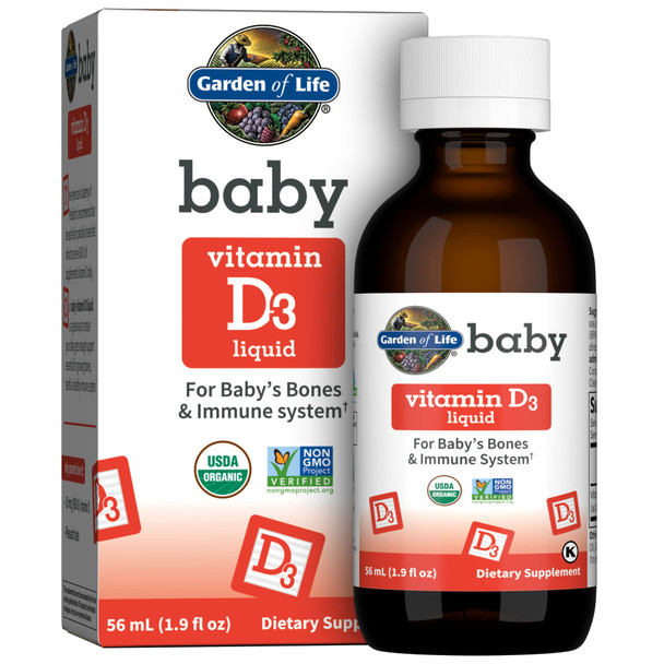 Garden of Life Baby Vitamin D3 Liquid 600 Iu (15 Mcg) Organic Liquid Vitamin D For Infants & Toddlers Support For Baby'S Bones & Immune System Gluten Free & Non-Gmo 56 Ml (1.9 Fl Oz) Liquid