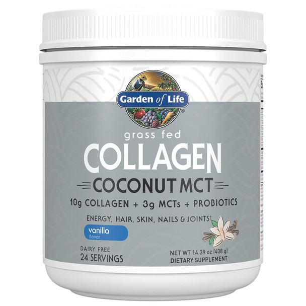 Garden of Life Grass Fed Collagen Coconut Mct Powder - Vanilla 24 Servings Collagen Powder For Energy Hair Skin Nails Joints Collagen Peptides Powder Coconut Mcts Collagen Protein Supplements