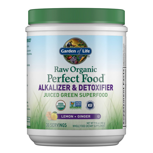 Garden of Life Raw Organic Perfect Food Alkalizer & Detoxifier Juiced Greens Superfood Powder - Lemon Ginger 30 Servings - Non-Gmo Gluten Free Whole Food Dietary Supplement Plus Probiotics