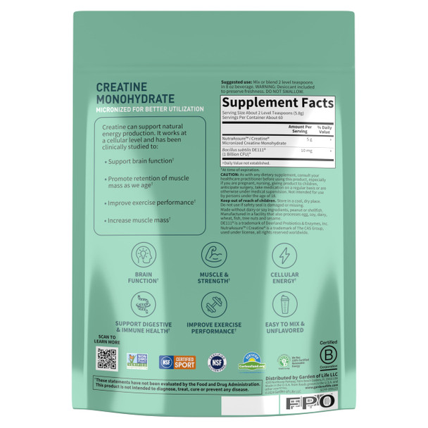 Garden of Life Creatine Monohydrate Powder For Women And Men Micronized Pre Workout With Probiotics For Muscle Strength Performance Sport Amino Energy About 60 Easy To Mix Unflavored Servings