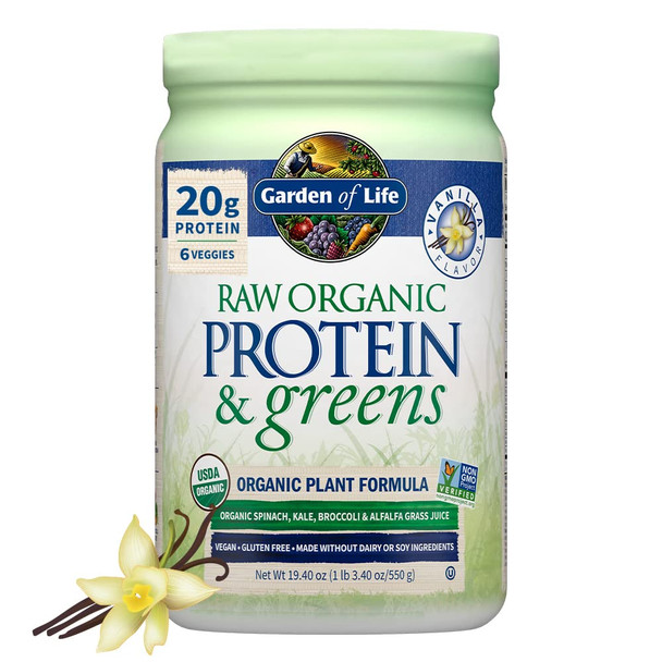 Garden of Life Raw Organic Protein & Greens - Vanilla - Vegan Protein Powder For Women And Men Plant Protein Pea Protein Greens & Probiotics - Dairy Free Gluten Free Low Carb Shake 20 Servings