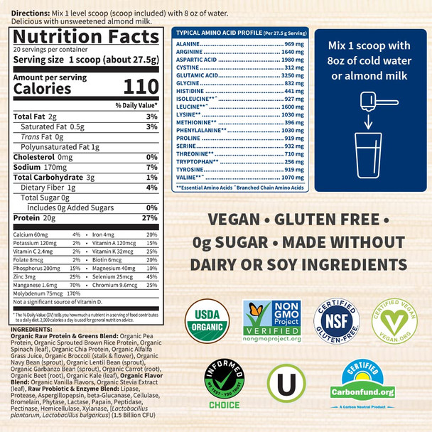 Garden of Life Raw Organic Protein & Greens - Vanilla - Vegan Protein Powder For Women And Men Plant Protein Pea Protein Greens & Probiotics - Dairy Free Gluten Free Low Carb Shake 20 Servings