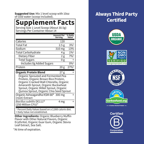 Garden of Life Functional Protein Stress Relief - 20G Organic Sprouted & Fermented Protein Blend - Blueberry Muffin Mood Blend For Stress Management Ashwagandha Ksm-66 Vegan About 14 Servings