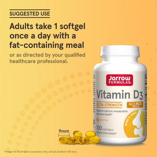 Jarrow Formulas Vitamin D3 62.5 Mcg (2 500 Iu) - 100 Servings (Softgels) - Bone Health Immune Support & Calcium Metabolism Support - Vitamin D Supplement - D3 Vitamins - 2500 Vitamin D - Gluten Free