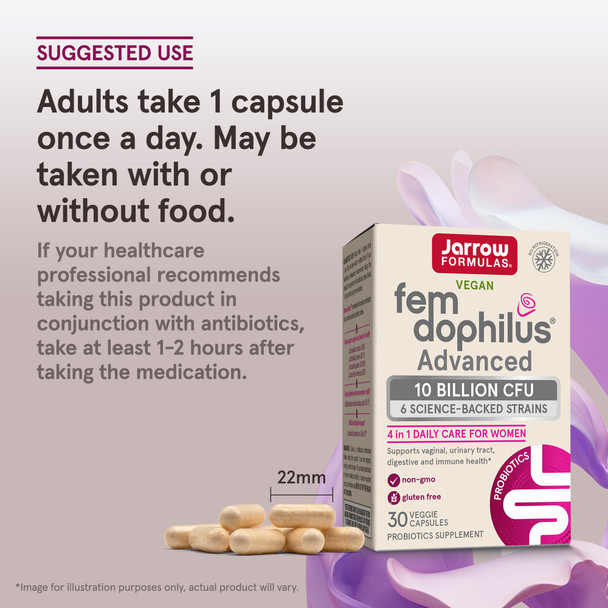 Jarrow Formulas Fem-Dophilus Advanced Probiotics 10 Billion Cfu With 6 Science-Backed Strains Dietary Supplement For Vaginal Urinary Tract And Digestive Support 30 Veggie Capsules 30 Day Supply