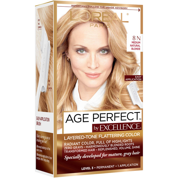 L'Oreal Paris Excellence Age Perfect Layered Tone Flattering Color 8N Medium Natural Blonde Set (Packaging May Vary)