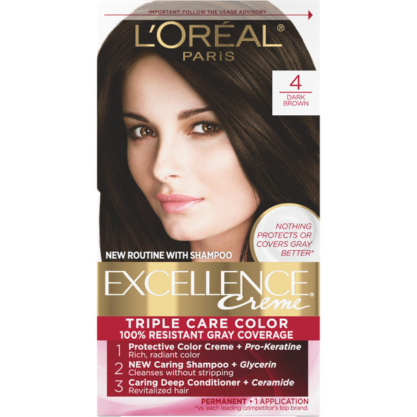 L'Oreal Paris Excellence Creme Permanent Hair Color 4 Dark Brown 100 Percent Gray Coverage Hair Dye Pack Of 1