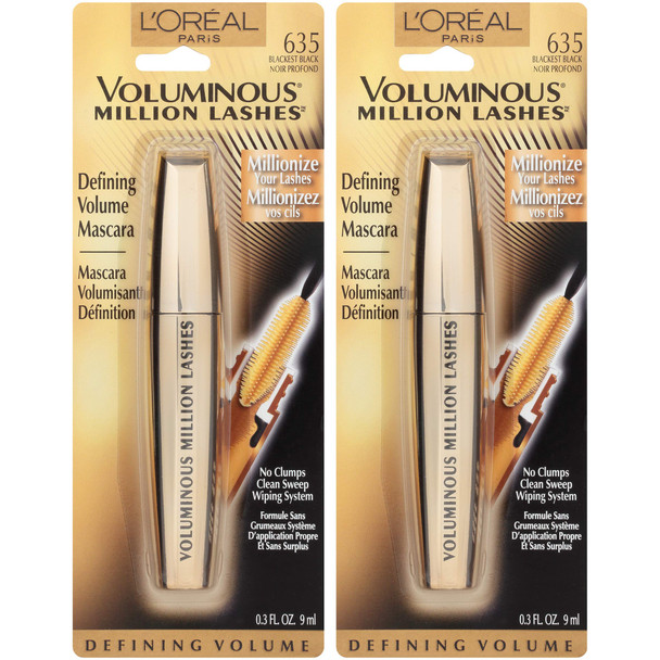 L'Oreal Paris Makeup Voluminous Million Lashes Mascara Volumizing Defining Smudge-Proof Clump-Free Lengthening Collagen Infused Eye Makeup Amplifying Mascara Brush Blackest Black 2 Count
