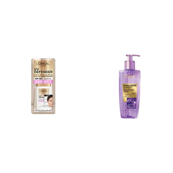 L'Oreal Paris L’OrEal Uv Defender Moisture Fresh Daily Anti-Ageing Sunscreen Spf 50+ With Hyaluronic Acid 50Ml & Hyaluron Expert Replumping Face Wash With Hyaluronic Acid 200Ml