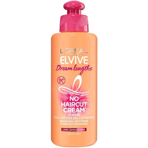 L'Oreal Paris Elvive Dream Lengths No Haircut Cream Leave In Conditioner With Fine Castor Oil Vitamins B3 B5 For Long Damaged Hair Helps Seal Split Ends And Reduces Breakage With System 6.8 Fl; Oz