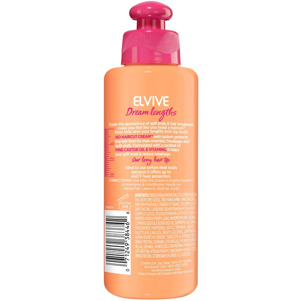 L'Oreal Paris Elvive Dream Lengths No Haircut Cream Leave In Conditioner With Fine Castor Oil Vitamins B3 B5 For Long Damaged Hair Helps Seal Split Ends And Reduces Breakage With System 6.8 Fl; Oz