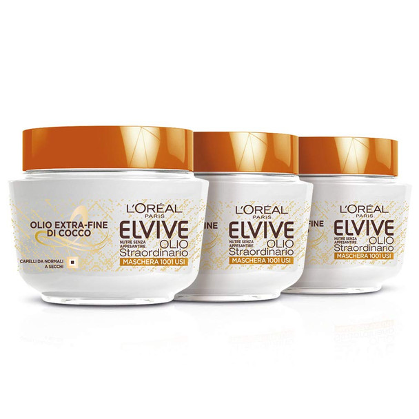 L'Oreal Paris Elvive Nourishing Mask Extraordinary Fine Coconut Oil For Normal To Dry Hair - 3 Packs Of 300Ml [900Ml]