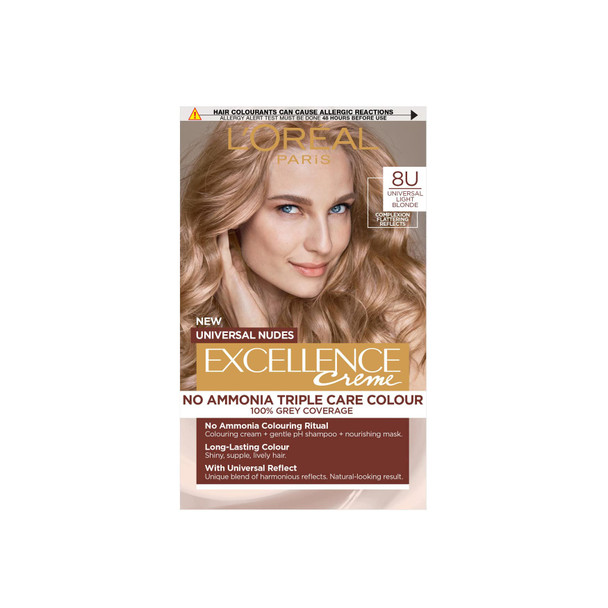L'Oreal Paris L’OrEal Excellence Permanent Hair Dye Colouring Cream 100% Grey Coverage With Pro-Keratin + Ammonia-Free Universal Nudes 8U Light Blonde