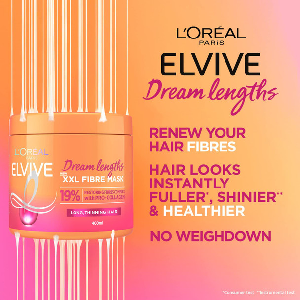 L'Oreal Paris Elvive Xxl Fibre Mask For Long Damaged Thinning Hair Restorative Treatment With Pro-Collagen Dream Lengths 400 Ml
