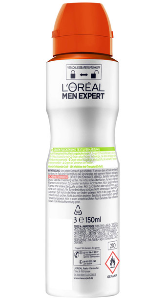 L'Oreal Paris Men Expert Body Care Anti-Stain Deodorant Spray For Men With Intensive Invigorating Fragrance For Up To 48 Hours Of Freshness Shirt Control 1 X 150 Ml