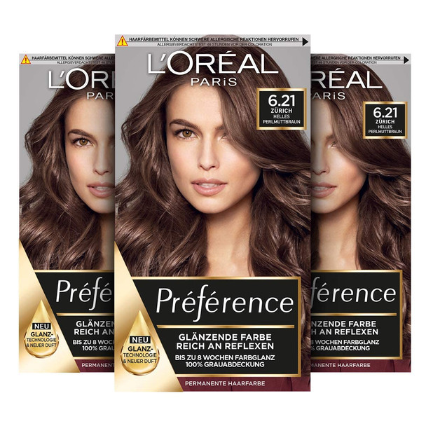 L'Oreal Paris Permanent Hair Colour Hair Dye Set With Coloration And Gloss Care Balm PrEfErence 6.21 Light Pearlescent Brown (Zurich) Set Of 3