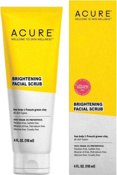 Acure Brightening Facial Scrub |100% Vegan |For A Brighter Appearance | Sea Kelp & French Green Clay - Softens, Detoxifies and Cleanses | All Skin Types | 4 Fl Oz (Packaging May Vary) (ET1012)