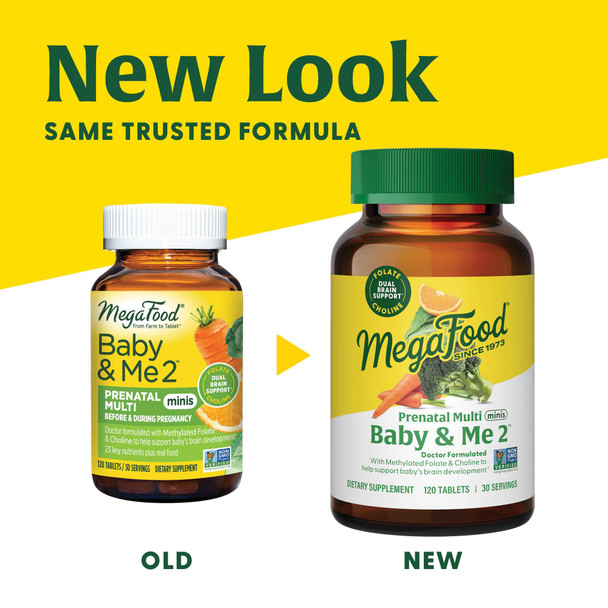 MegaFood Baby & Me 2 Prenatal Vitamin & Minerals - Vitamins For Women - With Folate (Folic Acid Natural Form) Choline Iron Iodine Vitamin C Vitamin D And More - 120 Mini Tabs (30 Servings)