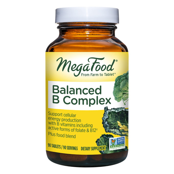 MegaFood Balanced B Complex - B Complex Vitamin Supplement - 8 B Vitamins Including Vitamin B6 Vitamin B12 Folate Biotin & More - Supports Cellular Energy Production - Vegan Gluten Free - 90 Tabs