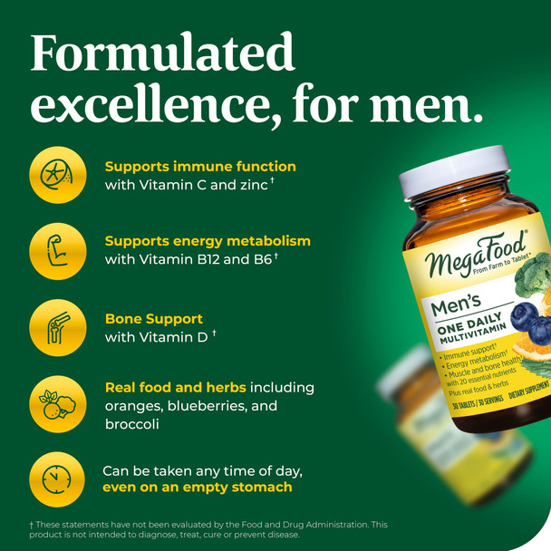 MegaFood Men'S One Daily Multivitamin - With Zinc Selenium B Vitamins D And Real Food - Immune Support - Energy Metabolism - Muscle And Bone Health - Vegetarian - 60 Tabs