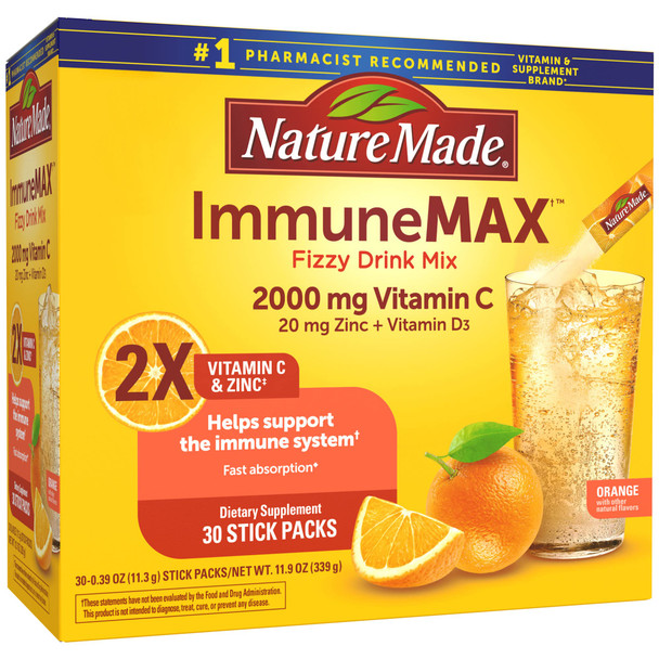 Nature Made Immunemax Fizzy Drink Mix With Vitamin C Vitamin D And Zinc Supplement For Immune Support Fast Absorption 30 Stick Packs 0.4 Ounce