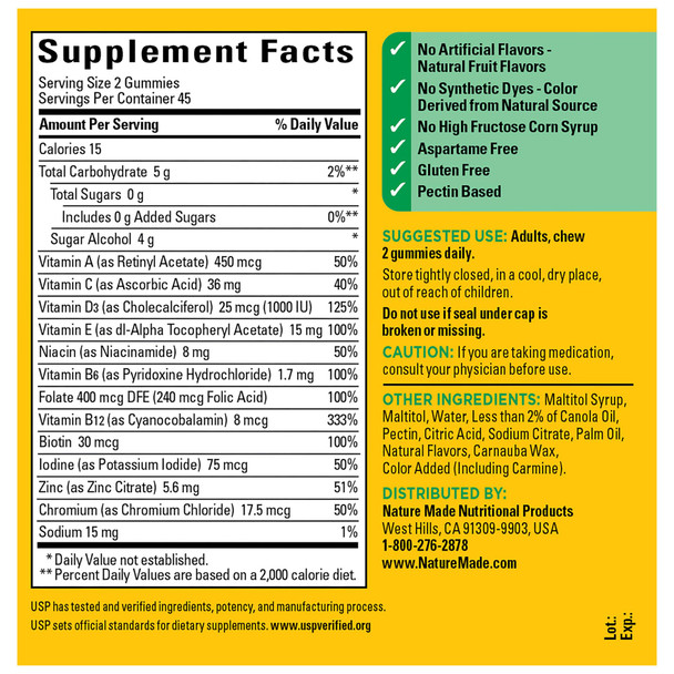 Nature Made Zero Sugar Multivitamin Gummies Daily Nutritional Support Vitamin Supplements 90 Sugar Free Gummies 45 Day Supply