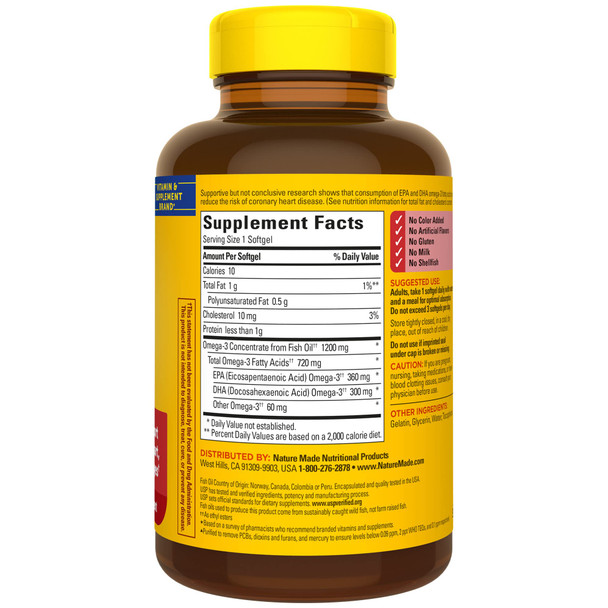 Nature Made Omega 3 Fish Oil 1200 Mg Fish Oil Supplements As Ethyl Esters Omega 3 Fish Oil For Healthy Heart Brain And Eyes Support One Per Day Omega 3 Supplement With 100 Softgels