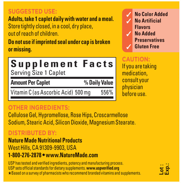 Nature Made Vitamin C 500 Mg With Rose Hips Dietary Supplement For Immune Support 130 Caplets 130 Day Supply Nature Made Vitamin C 500 Mg With Rose Hips Dietary Supplement For Immune Support 130 Caplets 130 Day Supply