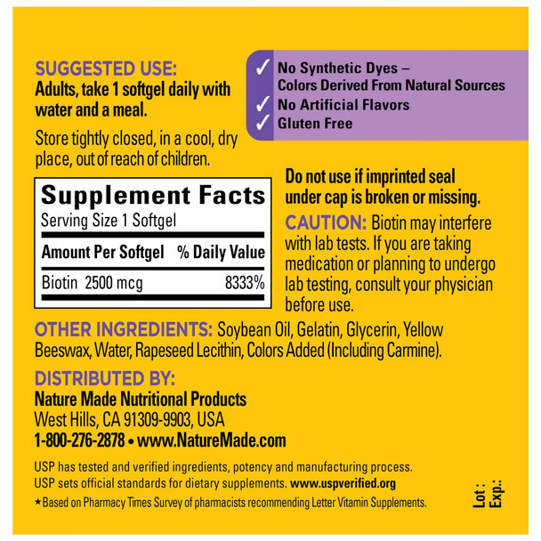 Nature Made Extra Strength Biotin 2500 Mcg Dietary Supplement For Healthy Hair Skin & Nail Support 150 Softgels 150 Day Supply