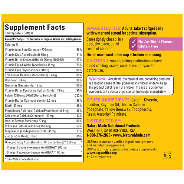 Nature Made Prenatal With Folic Acid + Dha Prenatal Vitamin And Mineral Supplement For Daily Nutritional Support 60 Softgels 60 Day Supply