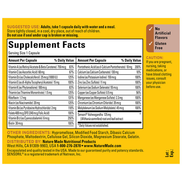 Nature Made Multi + Ashwagandha Multivitamin For Daily Stress Relief Support One Per Day Multivitamin 60 Capsules