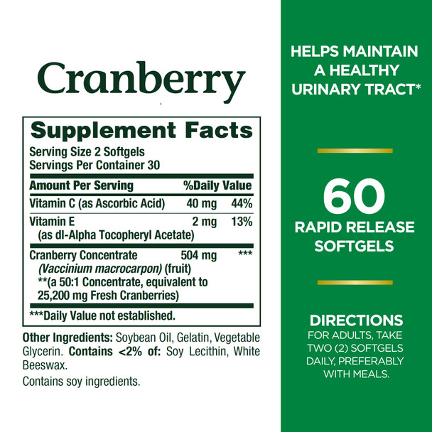 Nature's Bounty Cranberry Dietary Supplement Supports Urinary Tract And Immune Health Softgels 25 200 Mg 60 Ct Nature's Bounty Cranberry Dietary Supplement Supports Urinary Tract And Immune Health Softgels 25 200 Mg 60 Ct