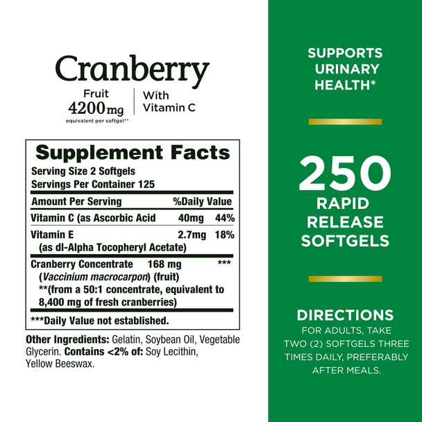 Nature's Bounty Cranberry 4200Mg With Vitamin C Urinary Health & Immune Support Cranberry Concentrate 250 Rapid Release Softgels
