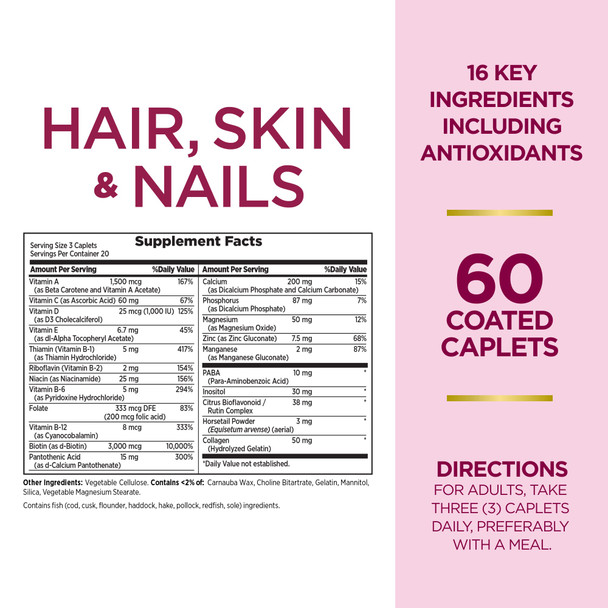 Nature's Bounty Optimal Solutions Hair Skin & Nails Formula With 3 000 Mcg Biotin 60 Coated Caplets