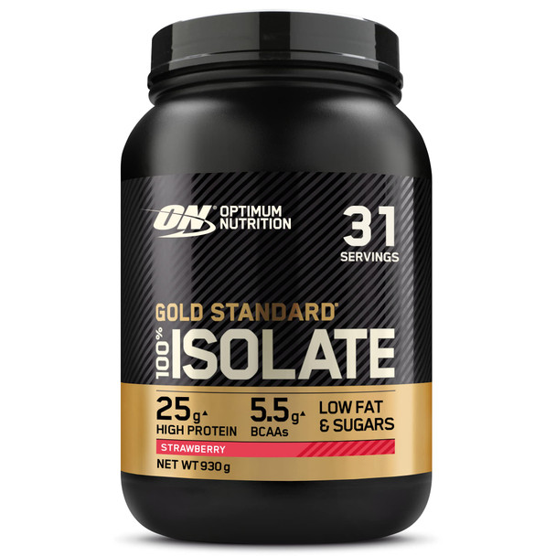 Optimum Nutrition On Gold Standard 100% Isolate Pure Whey Protein Naturally Occurring Bcaas And Glutamine Pre And Post Workout Strawberry Flavour 31 Servings 930 G