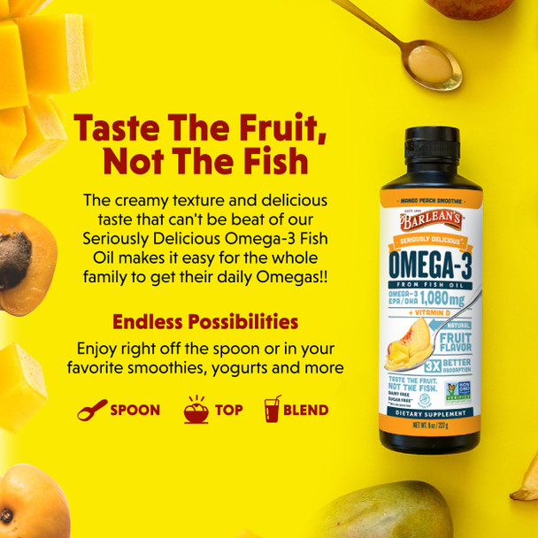 Barlean's Mango Peach Omega 3 Fish Oil Liquid Supplement with Vitamin D 1080mg EPA and  DHA Fatty Acid Smoothie Flavored and  Burpless for Brain Joint and  Heart Health 8 oz
