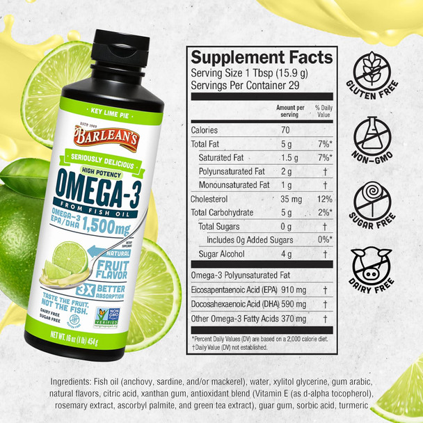 Barlean's Omega Swirl Ultra High Potency Omega-3 Fish Oil Supplement Key Lime 16 Fl Oz