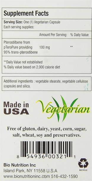 Bio Nutrition Pterostilbene W/ Pteropure 100Mg 30 Vege Caps
