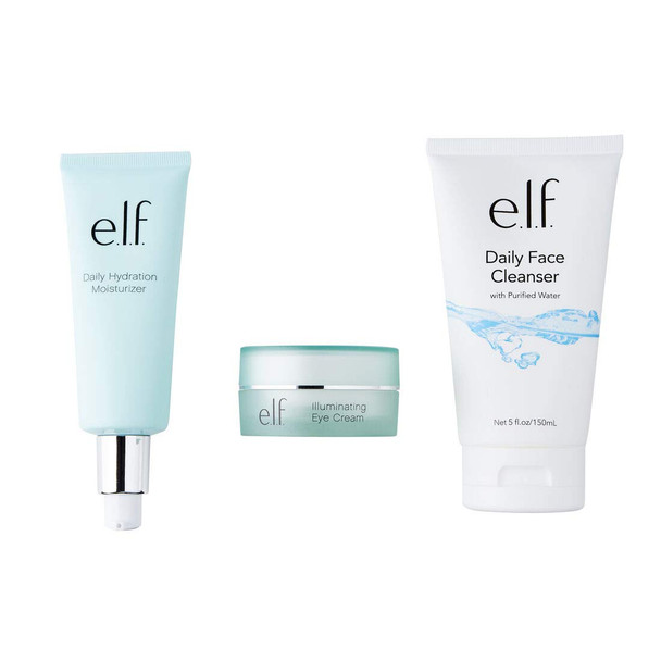 e.l.f., Hello, Hydration Start Set, Lightweight, Nourishing, Moisturizing , Cleanses, Removes Dirt and Makeup, Minimizes Dark Circles, Cleanser, Moisturizer, Eye Cream, 3.71 Fl Oz + 2.53 Fl Oz + 0.49